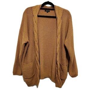 Traleubie Women's L Open Front Cardigan Sweater Mustard Yellow Cable Detail